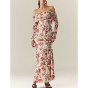 XS AFRM Long-Sleeve Off-The-Shoulder Mesh Maxi Dress